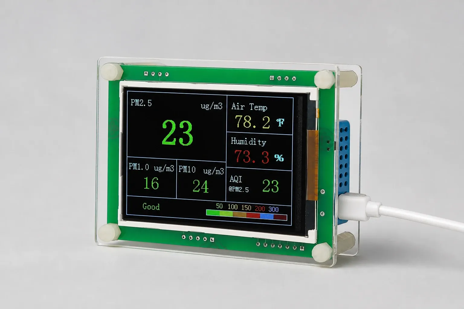 Compact indoor air quality monitor on a plain white background, showing particulate matter, AQI, temperature and humidity readings on a small screen.
